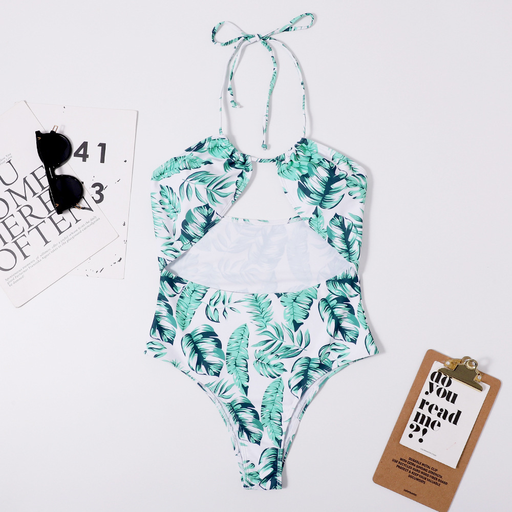 Print Swimwear Swimsuit Women Backless Monokini Hollow Out Bodysuit Beach High Waist Bathing Suit Green 210520