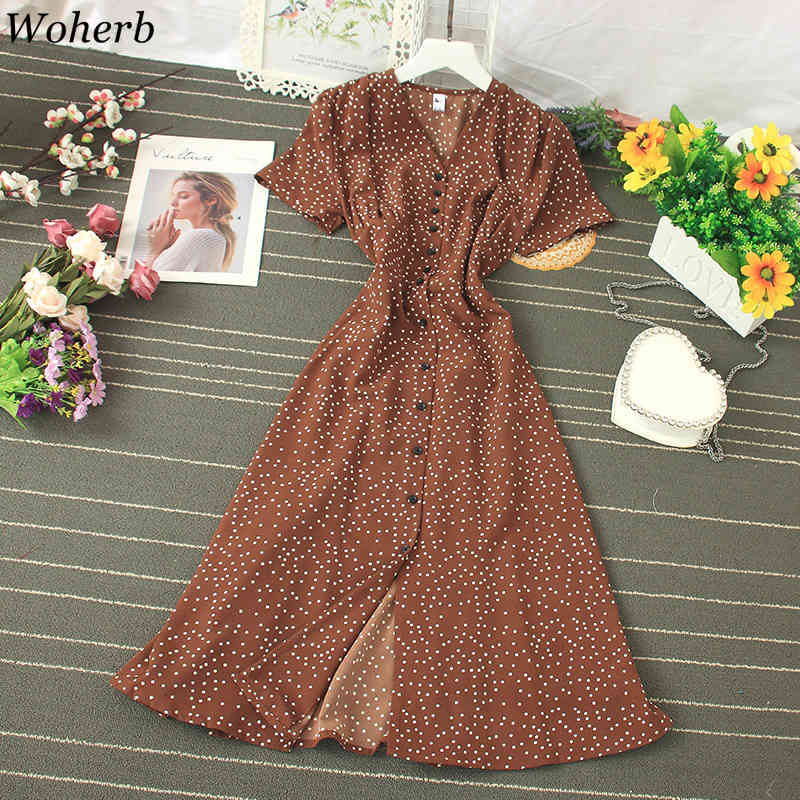 Women Dress Summer Korean Clothes Print Polka Dot Single Breasted Vestidos High Waist V-neck Big Swing Dresses 92523 210519