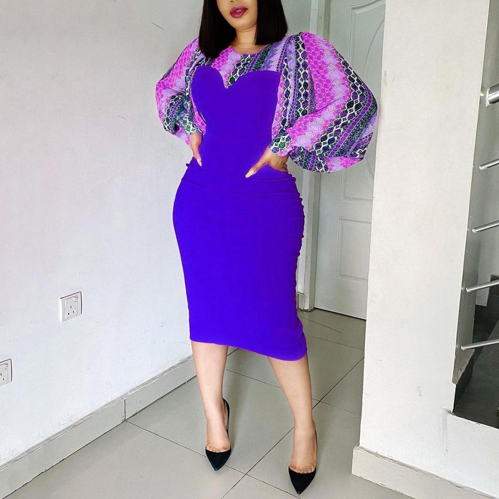 African Business Dress For Women Office Purple Patchwork Full Sleeve Bodycon Mid Calf Elegant Work Clothes Midi Dresses 210510
