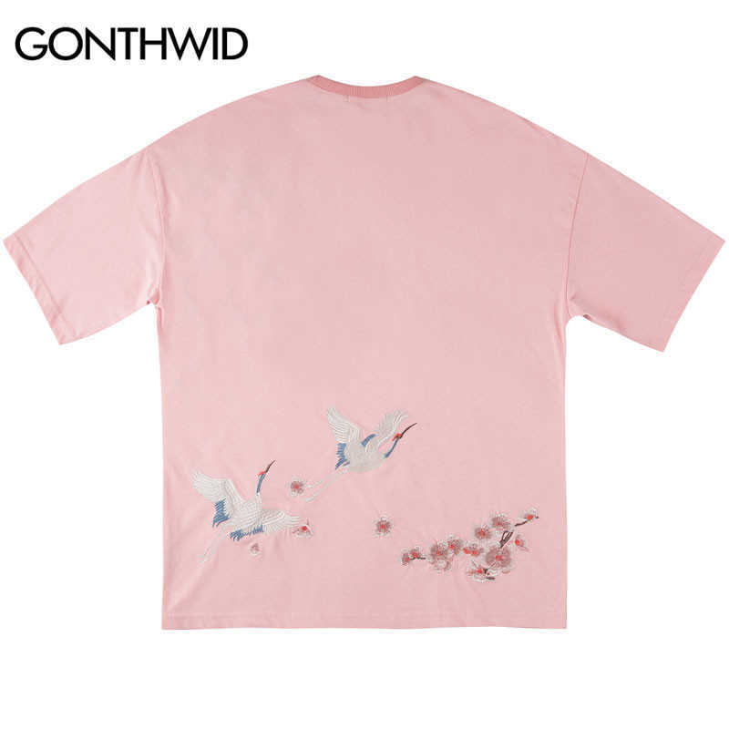 GONTHWID Harajuku Embroidery Cranes Cherry Blossoms Flowers T-Shirts Men Casual Short Sleeve Top Tees Hip Hop Streetwear Tshirts 210623