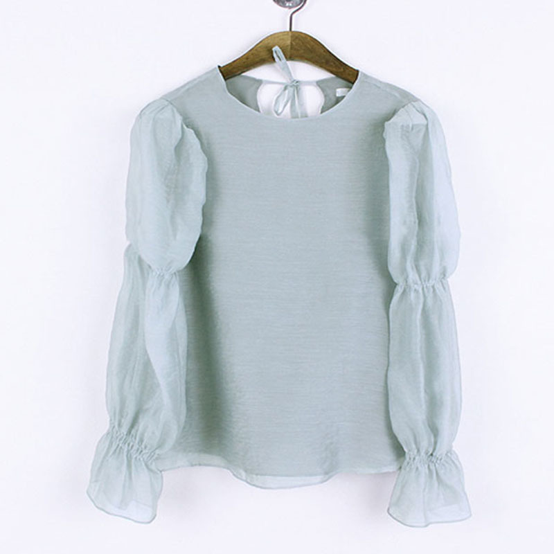 Nomikuma Women Blouses Causal O-neck Back Bow Tie Shirt Pleated Puff Long Sleeve Solid Spring New Blusas Feminimos Top 6E012 210427