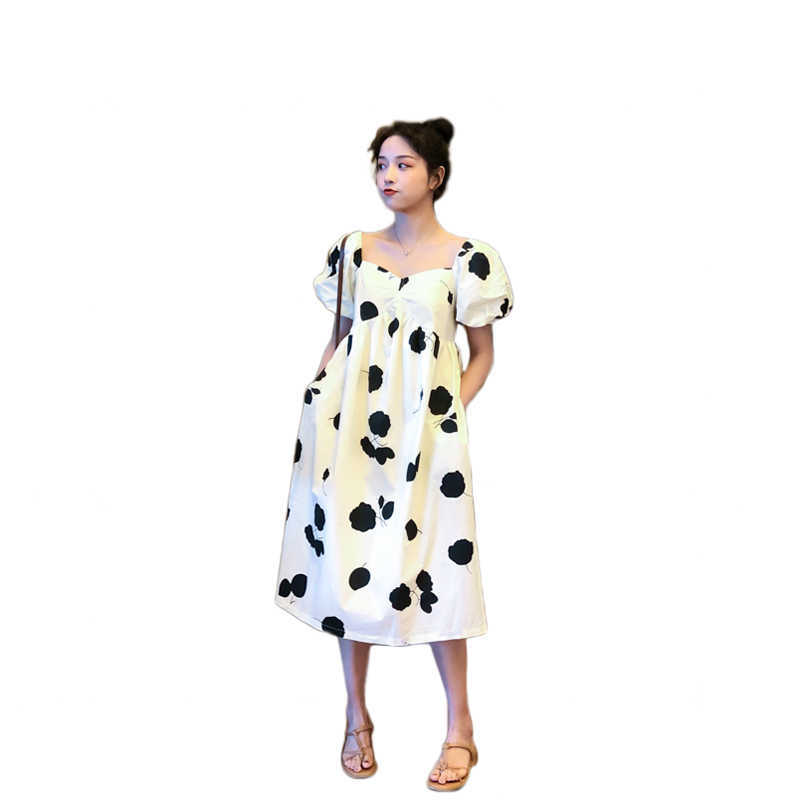 Pregnant Women's Dress Summer Fashion Square Collar Print Pluz Size Ladies Short Sleeve Cotton Women Clothing 210615