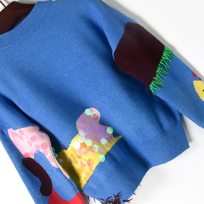 805 2021 Milan Runway Autumn Brand Same Style Sweater Long Sleeve High Quality Blue Sequins Crew Neck Pullover Fashion Clothes Womens M