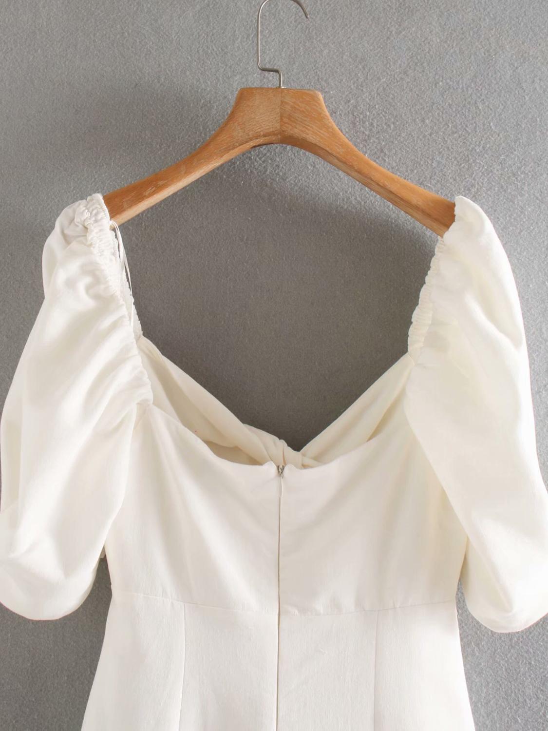 Women Vintage V neck Knik Short Puff Sleeve Dress Retro Backless Slim Waist A line Midi Long Dresses Elegant White Vestido 210429
