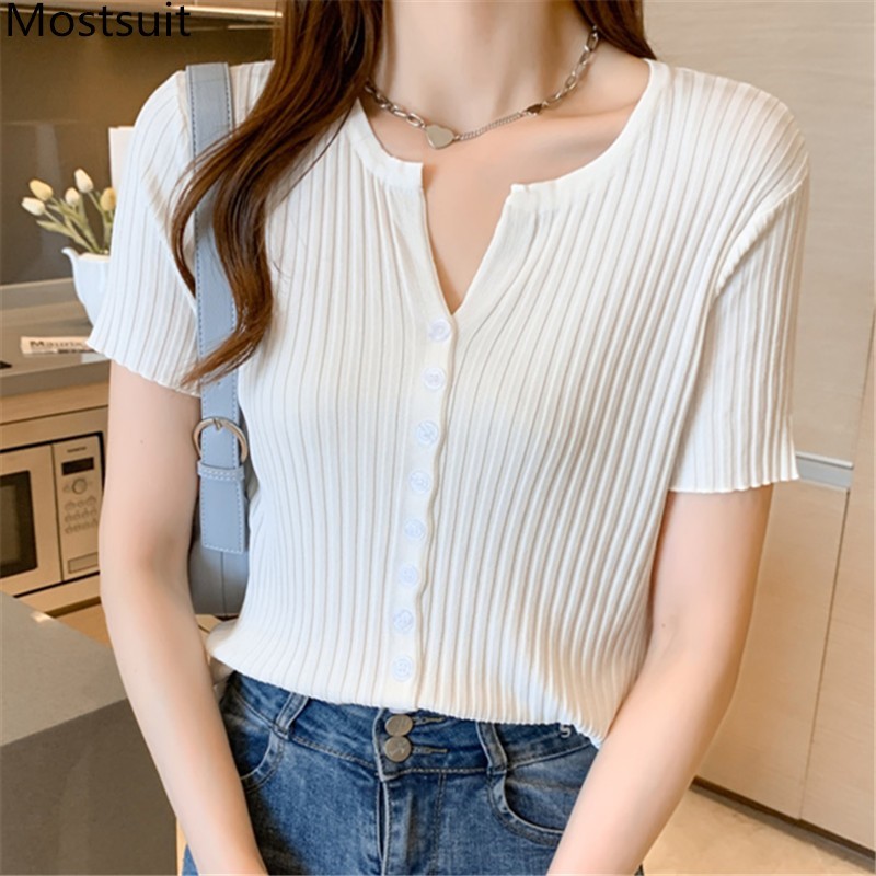 Summer Knitted V-neck Cardigan Knitwear Women Short Sleeve Single Breasted Tops Sweater Solid Korean Fashion Jumpers Femme 210514