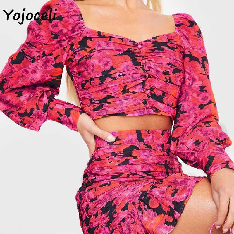 Yojoceli puff sleeve flroal print dres square neck ruffle two pieces set party club 210609