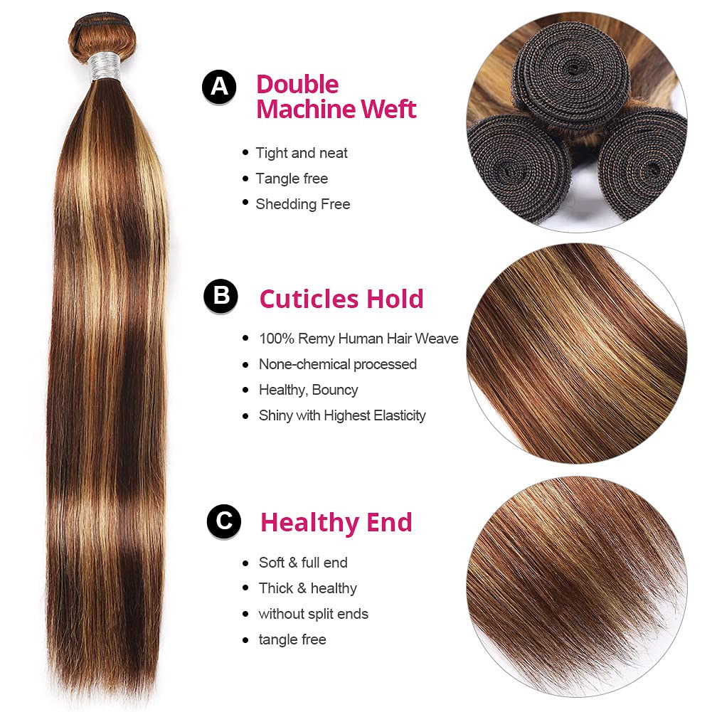 Highlight Brazilian Straight Hair 3 Bundles With Closures Free Part P4/27 Color Full Soft Dyeable