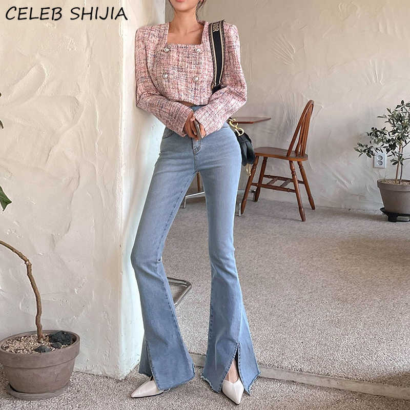 SHIJIA Chic Bell Denim Jeans Woman High Waisted Elastic Pants Light Blue Korean Clothes Street Flare Female 210922