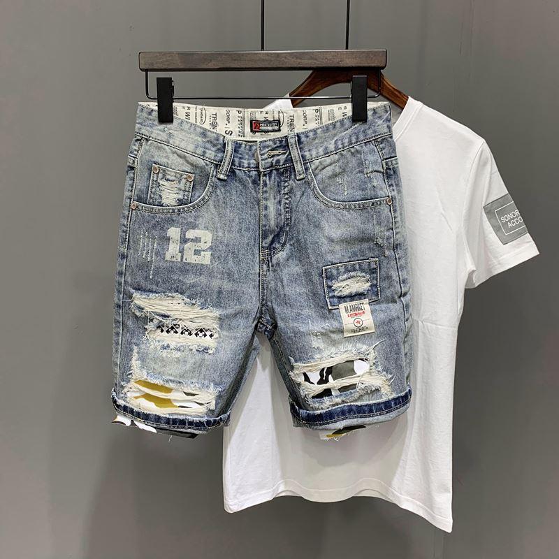 Men's Jeans Wholesale 2021 Korean Fashion Men Casual Beggar Hole Denim Shorts Brand Printed Patch Ripped Short Pants