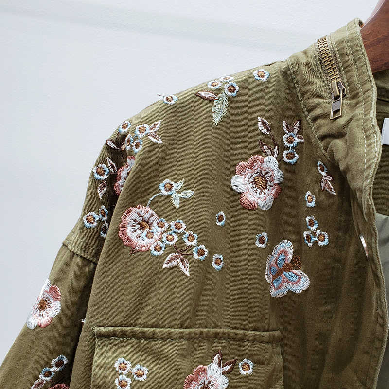 Autumn Streetwear Fashion Embroidery Flowers Beading Trench Coat Women Mid Long Tooling Drawstring Black Windbreaker Female 210914
