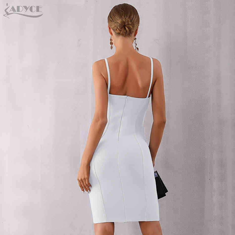 Adyce New Summer White Bodycon Bandage Dress Women Sexy Spaghetti Strap Strapless Knee Length Celebrity Evening Party Dress 210325
