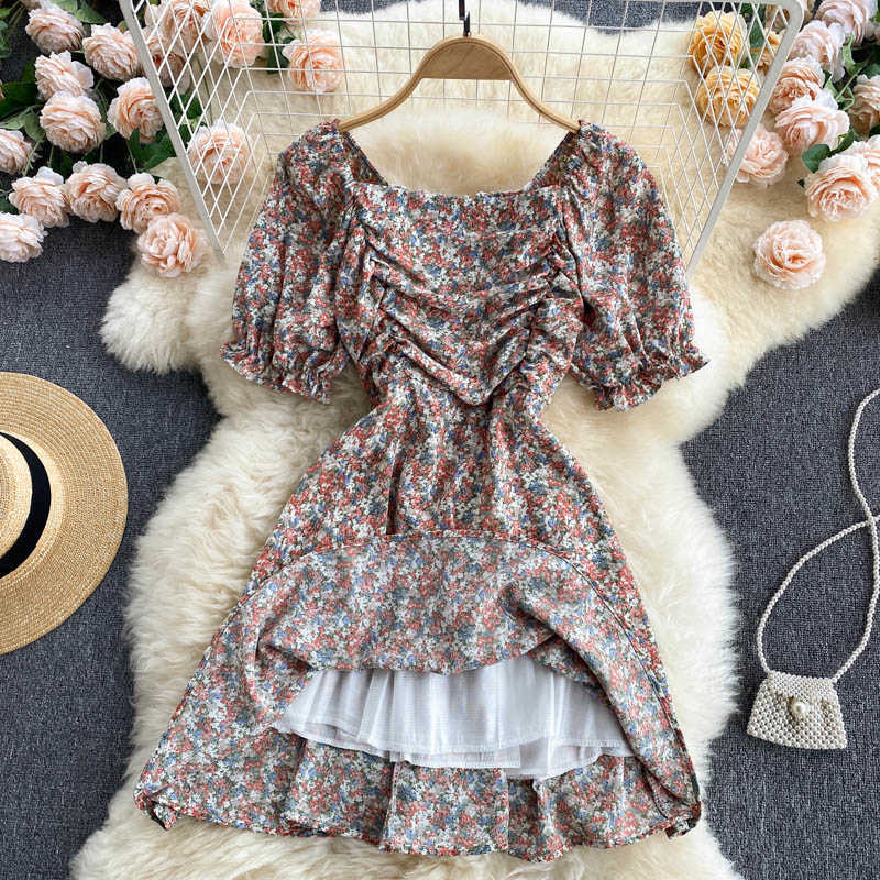 DEAT Women Printing Ruffles Pleated Dress Square Collar Short Sleeve Arrivals Lady Sexy Fashion Spring Summer 11D572 210709