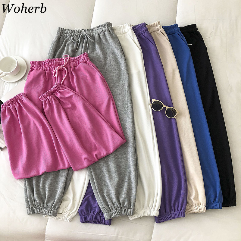 Candy Color Sweatpants Women Casual All Match Loose Trousers Harajuku Drawstring Cargo Joggers Pants Streetwear 210422
