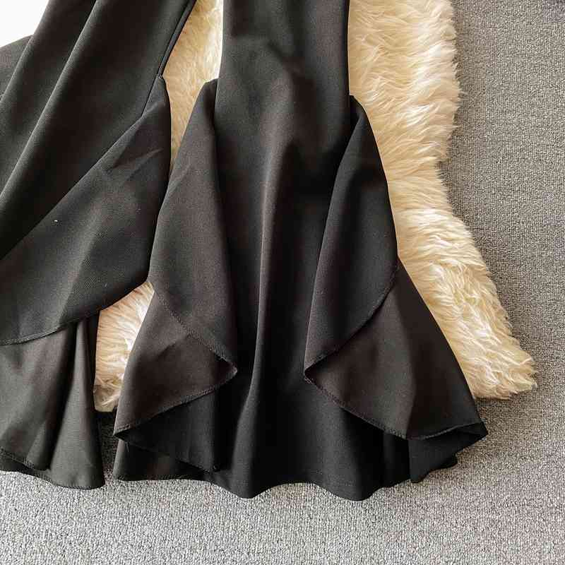 Fashion Ruffle Flare Pants Black Women Bodycon High Waist Bell-Bottoms Pant Chic Solid Color Trouser Streetwear 210506