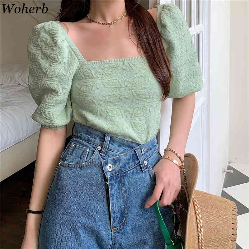 Square Collar Vintage Knitted T-shirt Women Korean Chic Floral Jacquard Puff Sleeve Summer Thin Knitwear Crop Top Tshirts 210519