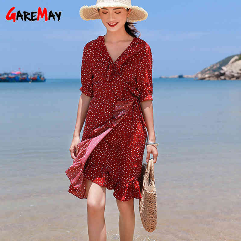 women's summer dress knee-length short polka dot vintage beach sunes ruffles ladies es 210428