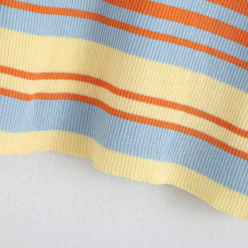 Fashion Multicolor Striped Knitted T Shirt Women Casual O Neck Bodycon Tops Ladies Short Sleeve Summer Tunic Tshirts 210515