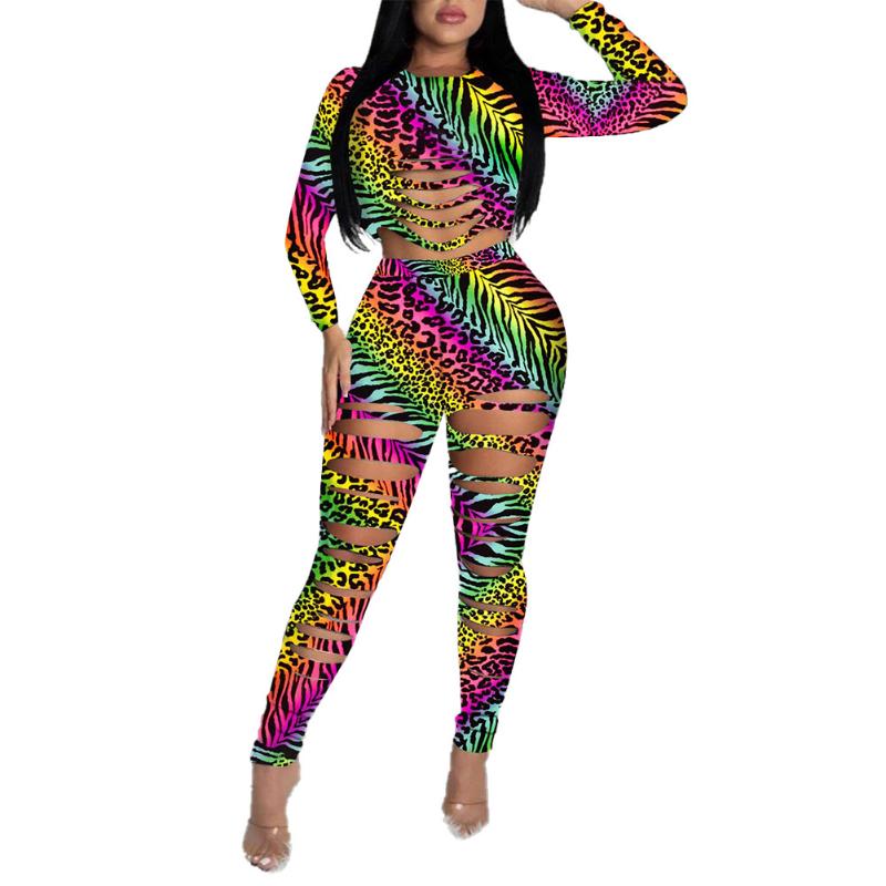 Leopard Print Two Piece Set Women Hollow Out Long Sleeve Crop Top High Waist Elastic Pants Suit Female Sexy Clubwear Tracksuit Women's Track