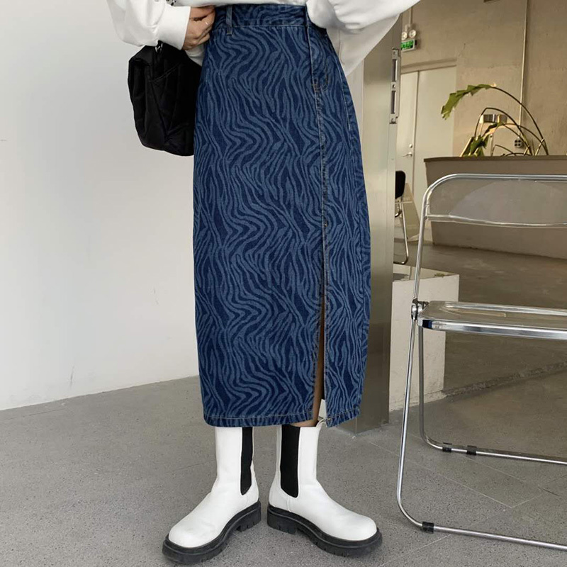 Nomikuma Korean Zebra Striped Jeans Skirt High Waist Split Casaul Women Demin Skirts New Fashion Bottoms Mujer Faldas 6D749 210427