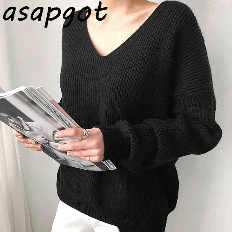 Sweaters&Jumpers Minimalism Temperament Simple V Neck Loose Chic Irregular Hem Solid Color Sweater Pullovers White Knitted Tops 210429