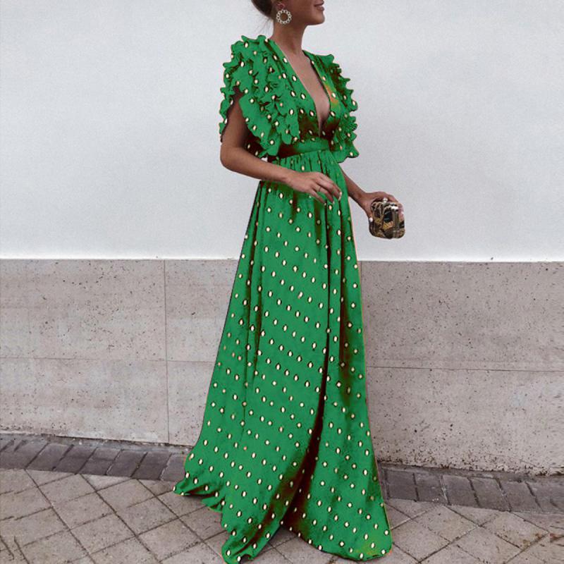 Women Dress Dot Print Maxi V Neck Short Sleeve Party es High Waist Backless Hollow Out Sexy Summer 210513