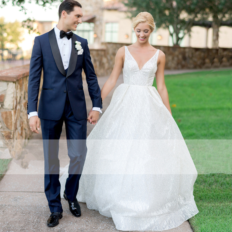 ZJ9234 Beach Glitter Wedding Dress v neck Party Bridal Dresses vestido de noiva gelinlik Arabic mariee shiny Bridal Gowns