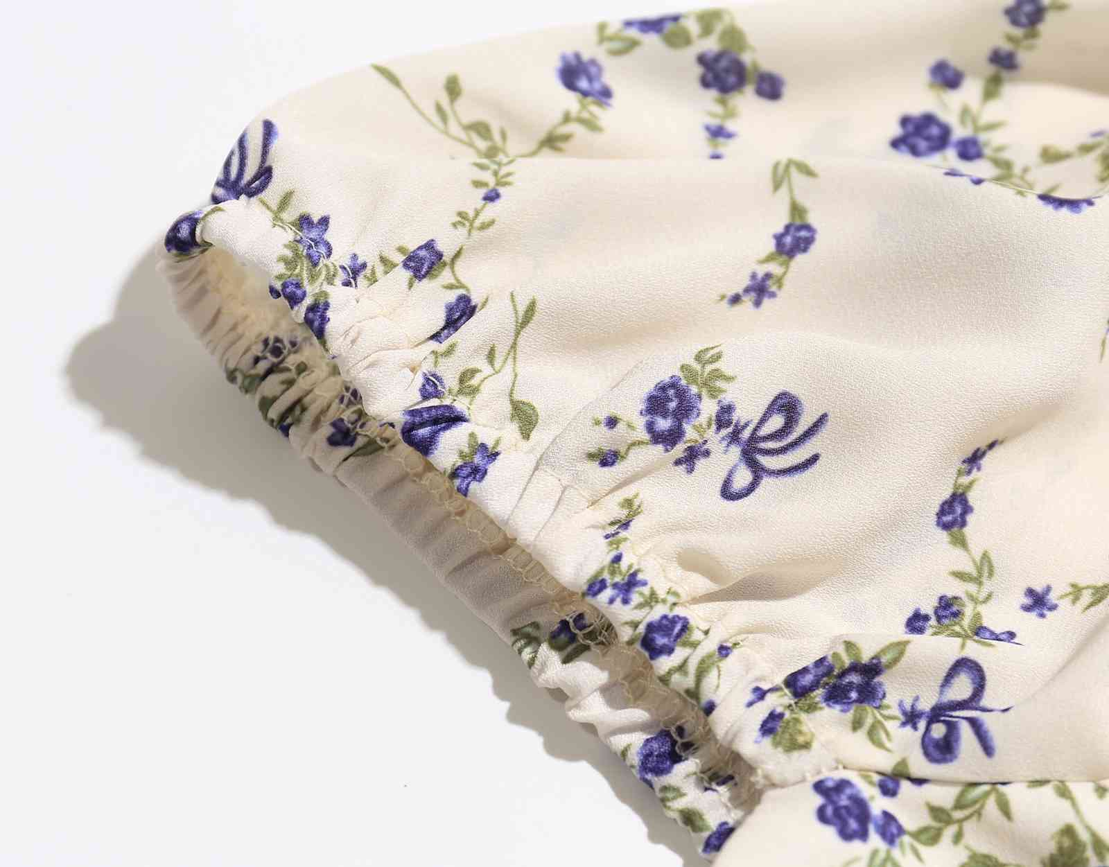 Spring Women harajuku Square Collar Shirt France Style Retro Elastic Ruched Floral Print Half Sleeve Slim Fit Blouse Tops 210429