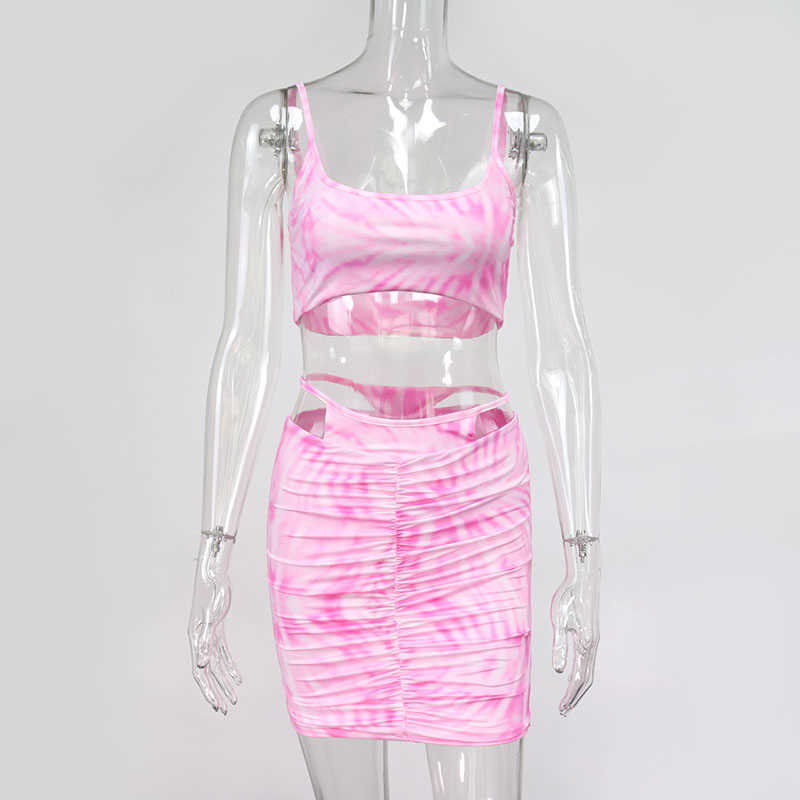 Colysmo Tie Dye Two Piece Set Women Summer Sexy Pink Sleeveless Crop Top Cut Out Short Skirt 2 Casual Outfits 210527