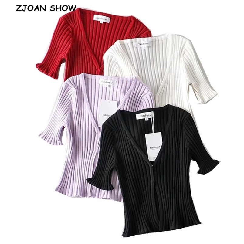AA Wood ears Covered Buttons V neck Short sleeve Sweater Women Knitted Tight Cardigan Front Slit Slim Cropped 210429