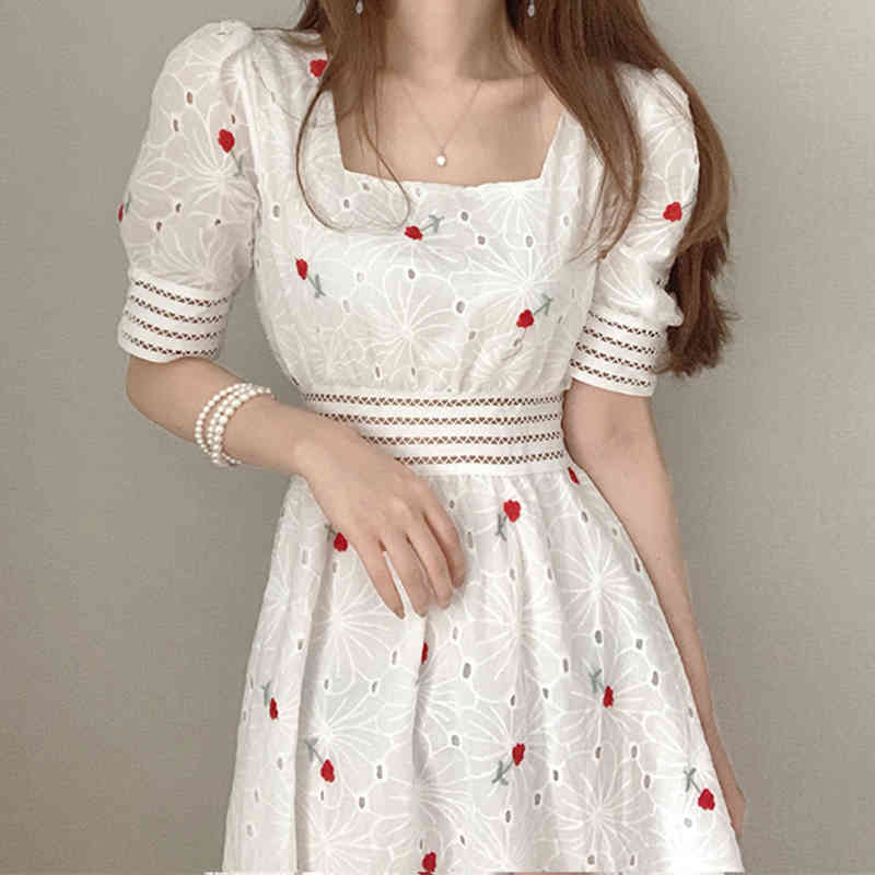 White Lace Party Dress Summer Short Sleeve Floral Embroidery Midi Printing Plus Size Chic es Vestidos 14394 210510