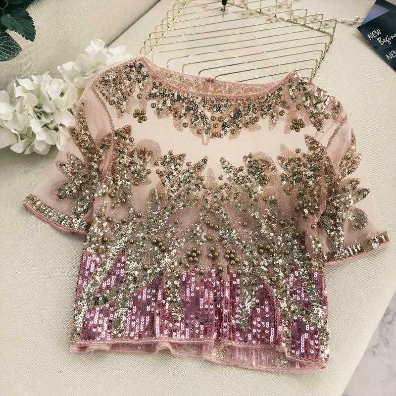 Runway Lady Fashion Embroidery Beaded Blingbling Short Sleeved shirt Women Round Neck Sequin Perspective Elegant Tops 210527
