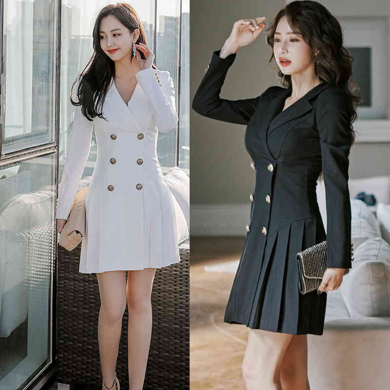 Autumn and winter Korean style Office Ladies Lapel Pleated skirt Work Business Mid-length Double-breasted Women Dress 210506