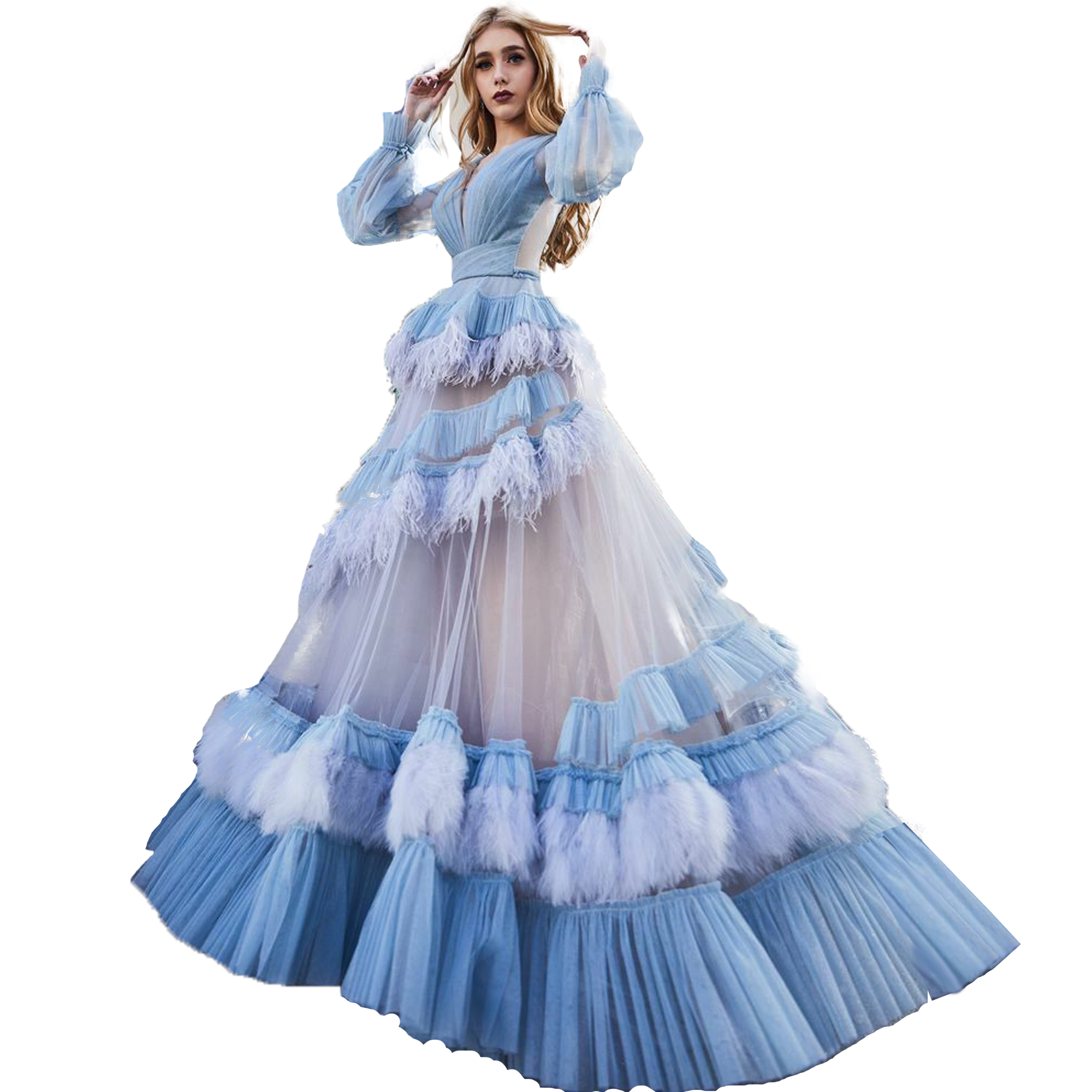 2021 Ruffle Folds Kimono Women Dresses Robe for Photoshoot Extra Puffy Sleeves Feather Prom Gowns African Cape Cloak Maternity Dress Photography