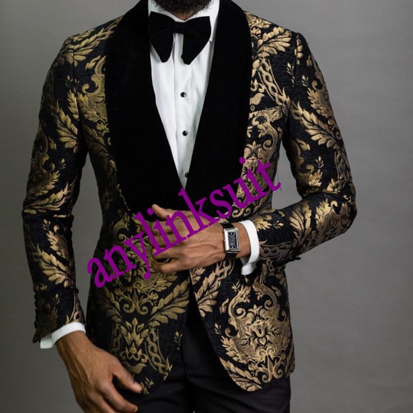 High Quality One Button Black/Navy Blue with Gold Pattern Groom Tuxedos Shawl Lapel Wedding/Prom/Dinner Groomsmen Men Suits Blazer (Jacket+Pants+Vest+