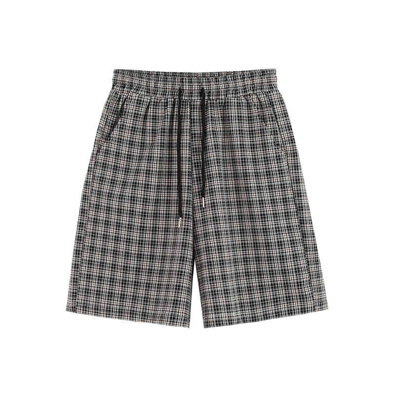 IEFB Vintage Black Plaid Shorts Men's Loose Drawstring Elastic Waist Wide Leg Casual Knee Length Pants Summer 9Y6982 210524