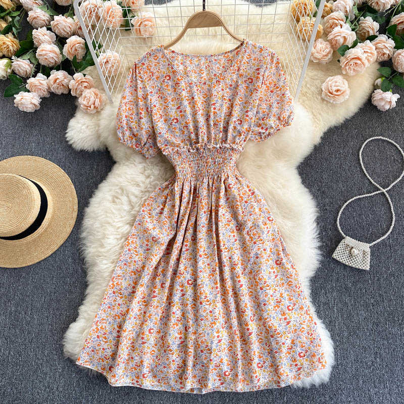 DEAT Women Printing Beach Vacation Dress Round Neck Puff Sleeve Arrivals Lady Fashion Temperament Spring Summer 11D564 210709