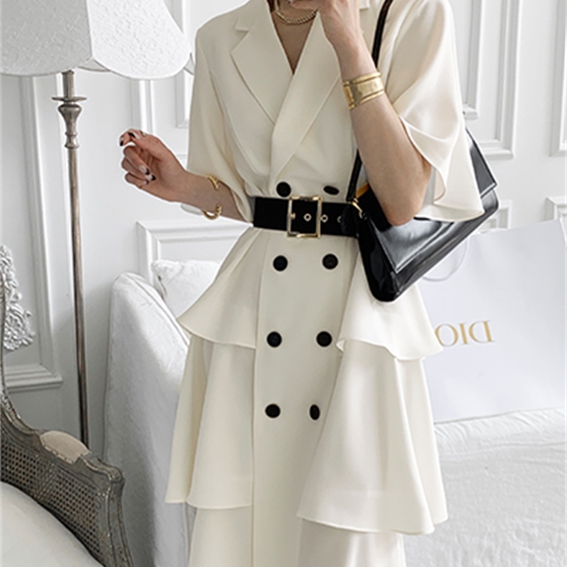 Fashion Elegant Office Ladies Summer Dress Women's Short Sleeve Slim Waist Double Breasted Ruffle Vestidos With Belt 210520