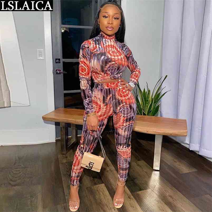 2 piece outfits for women long sleeve print tops&long pants slim elegant casual two set outfit top and 210515