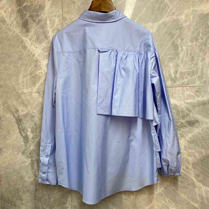 White Patchwork Ruffle Shirt For Women Lapel Long Sleeve Pleated Casual Blouse Female Fashion Clothing 210524