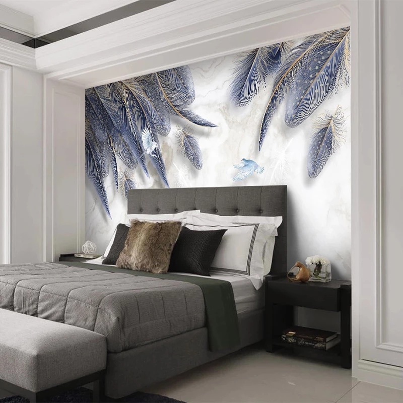 Custom Photo Wallpaper 3D Blue Feather Marble Mural Living Room TV Sofa Bedroom Creative Art Decor Waterproof