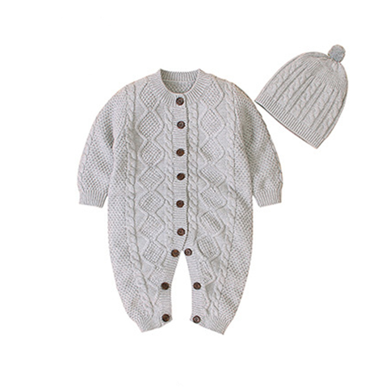 Autumn Winter Baby Boys Girls Pure Color Rompers Clothes + Hat 2PCS Children Boy Girl Kids Knitting Long Sleeve 210429