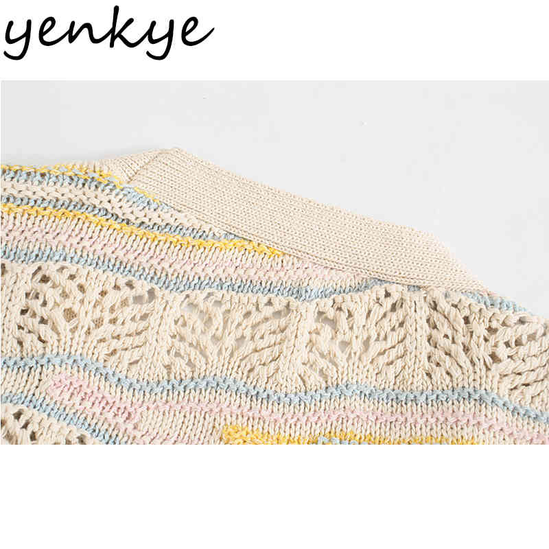 YENKYE Women Pointelle Knit Cardigan Sexy V Neck Long Sleeve Outerwear Fashion Hollow Out Sweater Plus Size Tops 210515