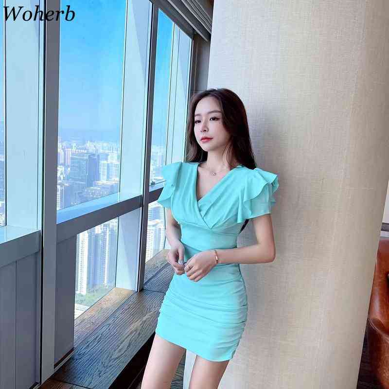Sexy V-neck Mini Dress Women Elegant Solid Hollow Out Robe Korean Chic Party Dresses Summer Vestido Femme 210519