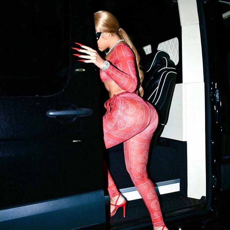 Bandana Print Sheer Mesh Two Piece Set Long Sleeve Crop Top Leggings 2pc Club Outfits For Women Matching Sets D87CZ16 Women0394951826