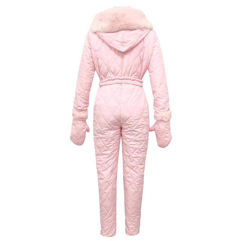 Gym Clothing Women Jumpsuit Ski Suit With Gloves Winter Fashion Casual Hooded Fur Collar Skisuit Outdoor Thick Water-Proof Zipper Bodysuit