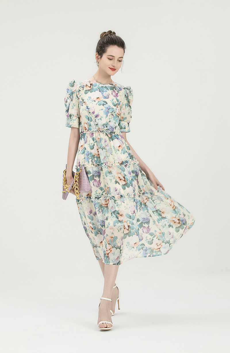 Women's Runway Dresses O Neck Short Sleeves Floral Printed Ruffles Elegant Fashion Mid Dress