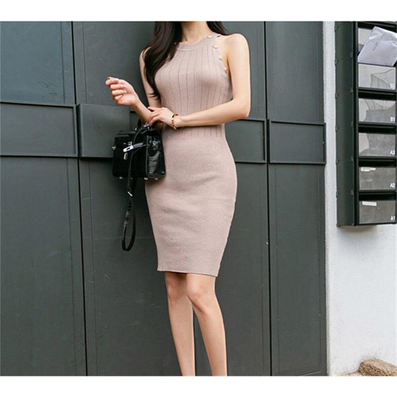 Korean summer Women Knitted Dresses women Sleeveless Metal Button Female Sexy Dress Vestidos 210519