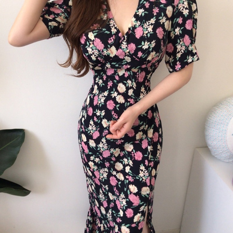 Korean Chic Vintage Summer Sweet High Waist Lace Up Slim V Neck Puff Short Sleeve Split Floral Dress Lady Party Evening Sexy 210429
