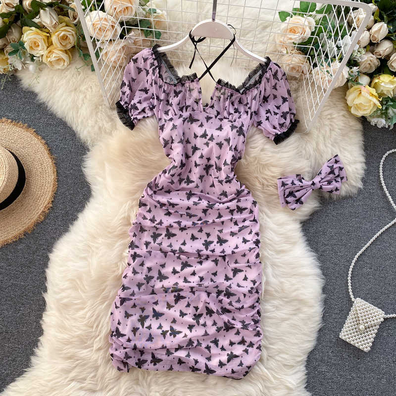 DEAT Women printing lace Dress square collar Short sleeve Arrivals Lady Sexy Fashion Spring Summer 11D242 210709