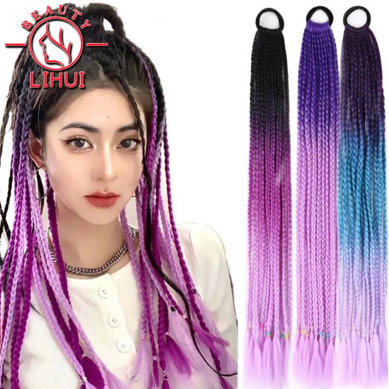 Synthetic Wigs Ponytails Box Braids Hairband Ombre Braiding Hair Colored Crochet Pigtail Hairpieces Elastic 24inch 60g 3pcs